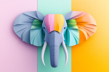 Elephant head closeup colourful symmetrical wall art pink, yellow, grey, tusks trunk, memory remembering matriarch 