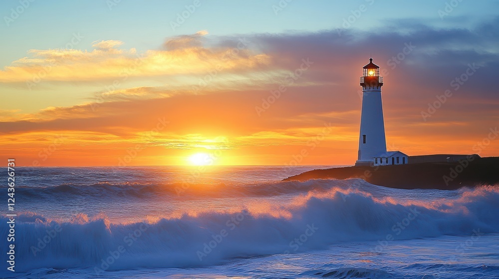 Poster lighthouse illuminated by a vibrant sunset over crashing waves at a coastal location