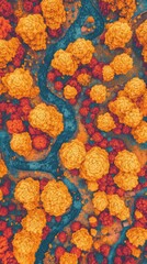 Aerial view of vibrant autumn forest showcasing colorful trees. Shades of orange red and yellow combined with blue river create stunning scenery. Generative AI.