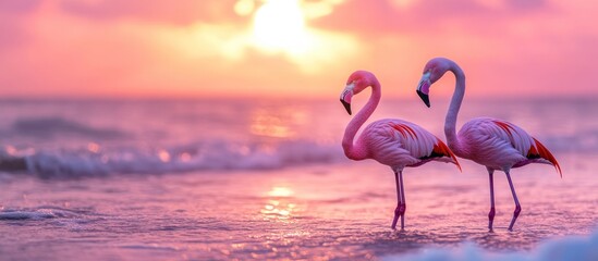 Fototapeta premium Pink flamingos sunset beach romance