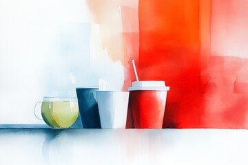 A dreamy watercolor depiction of a coffee shop counter where a customer is redeeming a loyalty voucher for a free drink