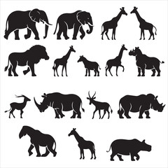 set of black vector various safari animals silhouette