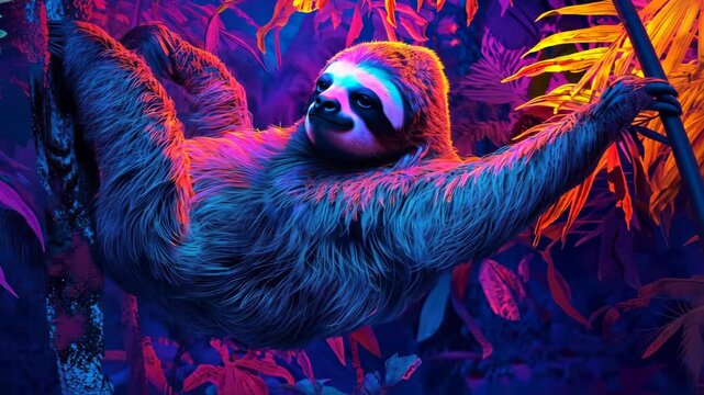 Vibrant sloth joyfully swinging through enchanted neon jungle