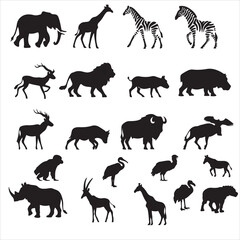 set of black vector various safari animals silhouette