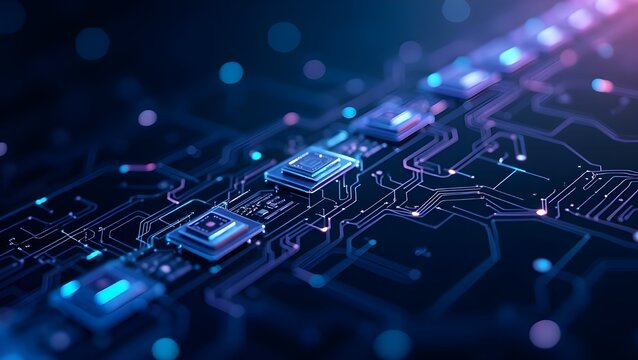 A futuristic digital pattern with glowing lines and cool-colored circuits