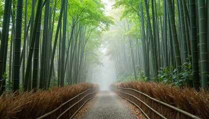 Mystical bamboo forest path with fog, nature escape