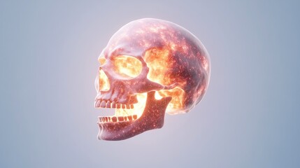 Glowing skull illustration with fiery effects against a soft gradient background, showcasing a surreal concept
