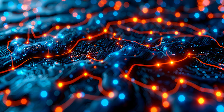 Imagen horizontal de una red o conexiones neuraonales tipo circuitos avanzados