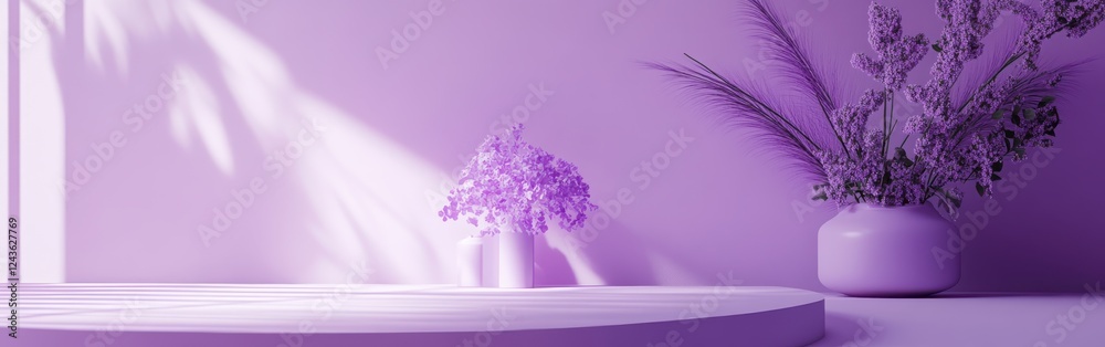 Poster elegant display of purple flowers on minimalist surface in softly lit room showcasing monochromatic 