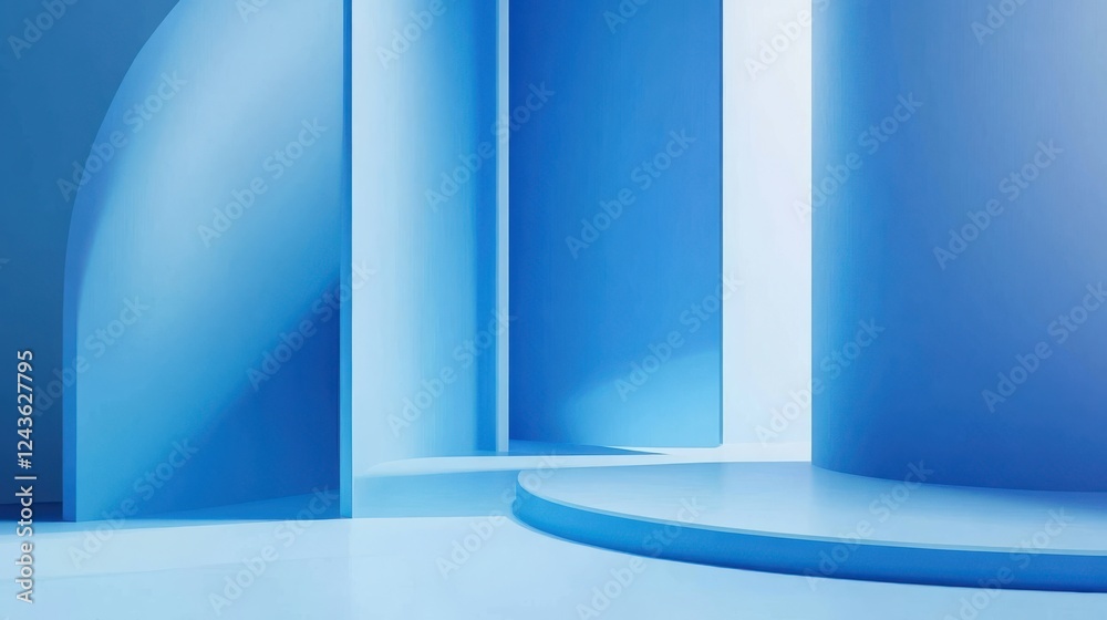 Aufkleber Dynamic play of light and shadows in minimalist gradient design showcasing serene blue tones in contemporary space