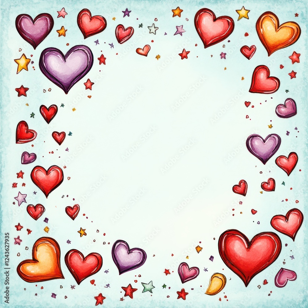 Poster Whimsical border of floating hearts and stars creating a playful and colorful backdrop for creative projects