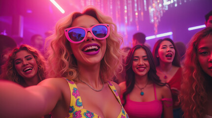 Group of friends enjoying vibrant party atmosphere with colorful lights and joyful expressions. Fun and excitement fill air