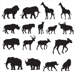 set of black vector various safari animals silhouette