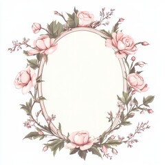 Fototapeta premium Delicate floral garland featuring pink roses and greenery in an oval design suitable for various decorative uses