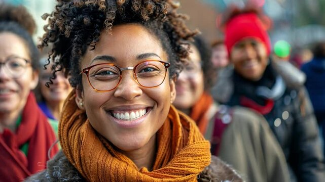 Smiling woman with glasses leads a joyful feminist protest in vibrant city setting