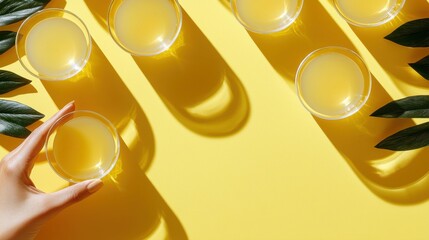 Trophy cups arranged on a yellow background, casting strong shadows to represent the victory and success of champions in sports events like soccer, football, or global tournaments.
