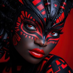 Mechanical Headgear Afrofuturistic Warrior with Bold Red Lips on High Contrast Background