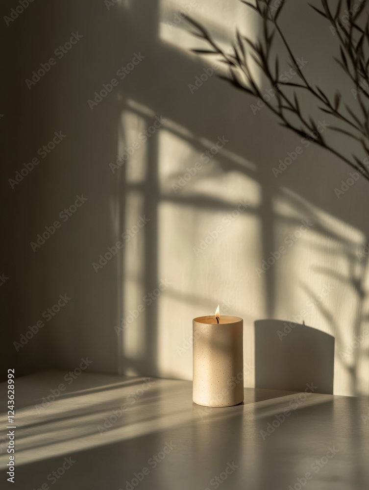 Poster burning candle casts soft shadows on the wall in a dimly lit room filled with tranquility and warmth