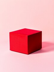 Fototapeta premium Red Cube Gift Box on Pink Background - A single red square gift box on a pink background symbolizes celebration, gifting, minimalist design, product display, and a touch of elegance.