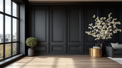 Dark room, city view, design, sunlight, interior, plant, mockup, elegant, modern, home