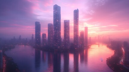 Fototapeta premium Futuristic Cityscape with Reflective Glass Skyscrapers on Riverbank Against Vibrant Purple Sky
