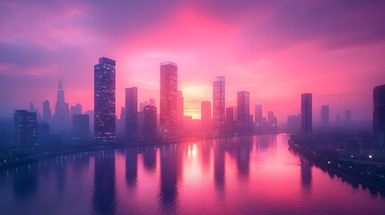 Futuristic Cityscape with Sleek Angular Glass Towers Reflecting on Riverfront at Dusk