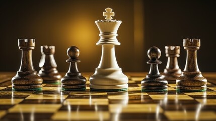 White chess king standing proud amidst defeated black pawns on a chessboard, representing leadership, success, and overcoming obstacles in the pursuit of victory.