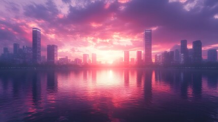 Fototapeta premium Futuristic City Skyline Reflected in River with Dramatic Purple Sunset Sky