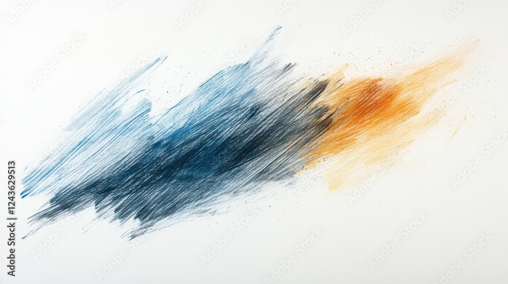 Poster dynamic brush strokes create an abstract composition featuring blue and orange tones against a white