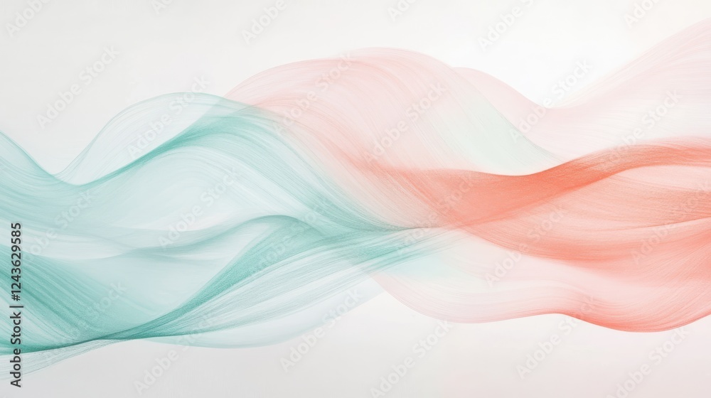 Poster abstract pencil strokes create flowing waves in pastel coral and teal colors, evoking calm and seren