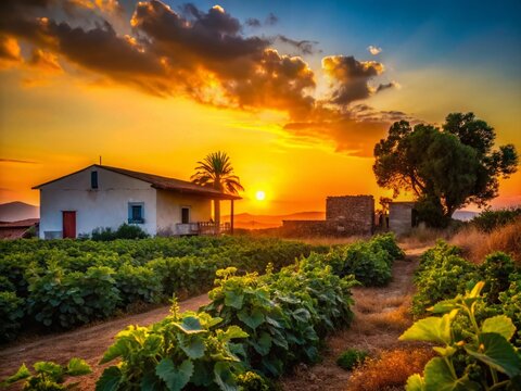 Spata Greece August 2020 Silhouette Farm Vegetable Garden Sunset