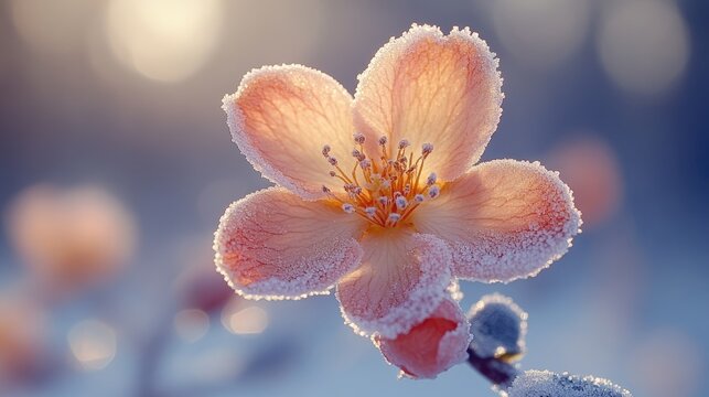 Frosted pink flower blooming in winter, surrounded by soft blurred snow and gentle light