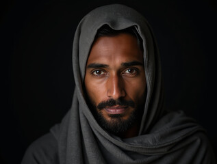 Portrait of a Man with a Calm and Serene Expression, Dressed in a Traditional Head Covering