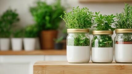 Indoor garden with repurposed glass jars as planters, ecofriendly recycling decor