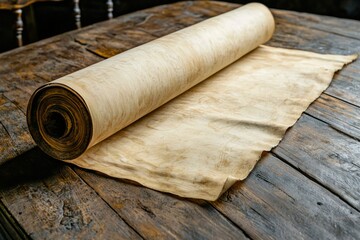 Aged parchment scroll unfurling on wooden table
