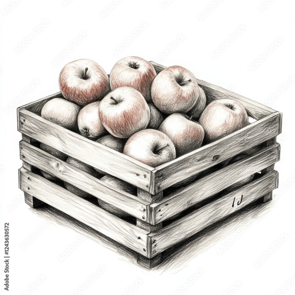 Poster Wooden crate filled with fresh red apples on a white background suitable for a rustic market setting