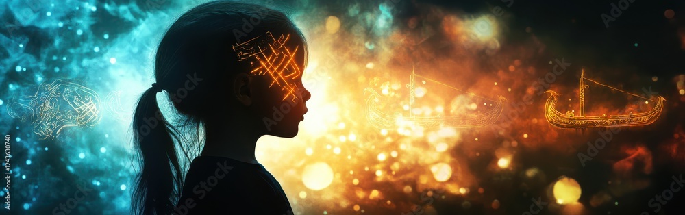 Poster vibrant visualization of a child's silhouette against a cosmic background with mystical elements