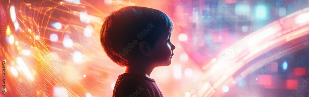 Leinwandbilder Child glowing against a vibrant background of colorful lights and patterns at dusk in a playful atmosphere
