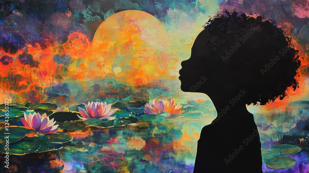 Poster vibrant visualization of a glowing child with lily pads under a colorful sunset sky