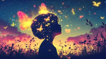 Vibrant visualization of a glowing child surrounded by butterflies at dusk in a magical landscape