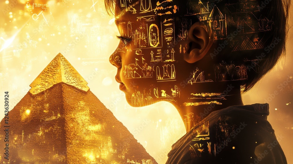 Aufkleber vibrant visualization of a glowing child with pyramid backdrop and ancient symbols shining in the ba