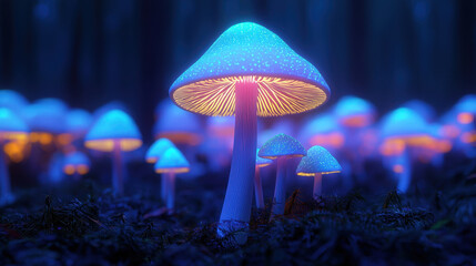 Fototapeta premium Glowing mushrooms illuminate mystical forest at twilight