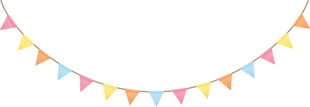 Carnival colored garlands and bunting. Festive triangle flags on rope for decoration of party, holiday, event, festive, celebration. Colorful pennants for banner, flyer, template Vector design element