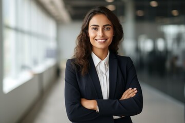 Portrait of a businesswoman smiling with folded arms in a modern office
