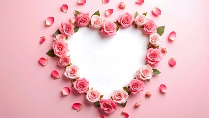 Obraz premium Top view of black white paper card heart shape surrounded with pink roses and petals, isolated on pink background. Perfect for Valentine's Day, Anniversary, Women's Day, Mother's Day celebration 