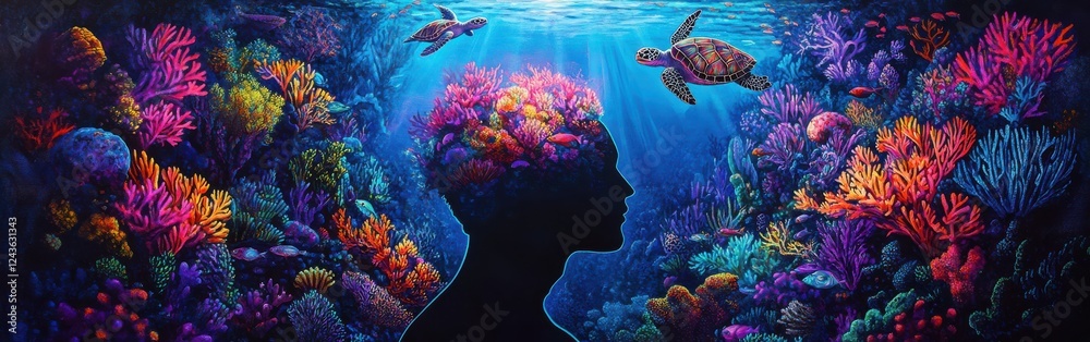 Poster vibrant silhouette of a man with a colorful underwater world representing creativity and imagination