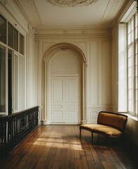 Sunlit hallway with antique chair, ornate white walls, dark wood floors, and large windows. Elegant and serene atmosphere
