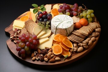 Round wooden charcuterie board presenting an assortment of cheeses, crackers, fruits, and nuts, creating an enticing appetizer or snack platter