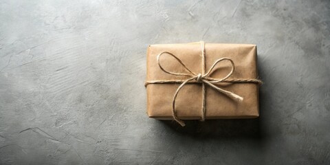 A simply wrapped gift box tied with twine sits on a textured surface
