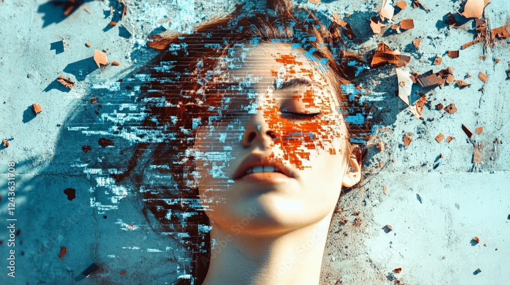 Poster conceptual artwork depicting a person experiencing mental overload, symbolized by digital fragmentat